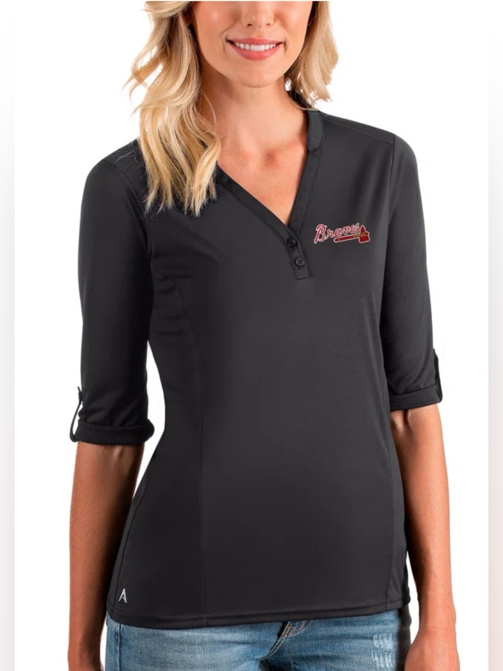 Women's Atlanta Braves Antigua Charcoal Accolade 3/4 Sleeve V-Neck Top **READ**